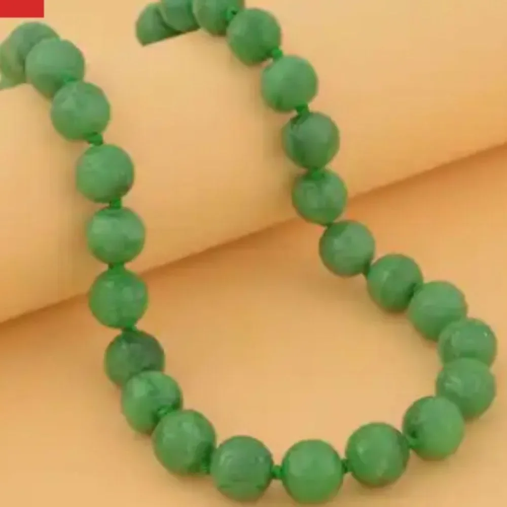 Carved Green Jade Beaded Sterling Silver Necklace